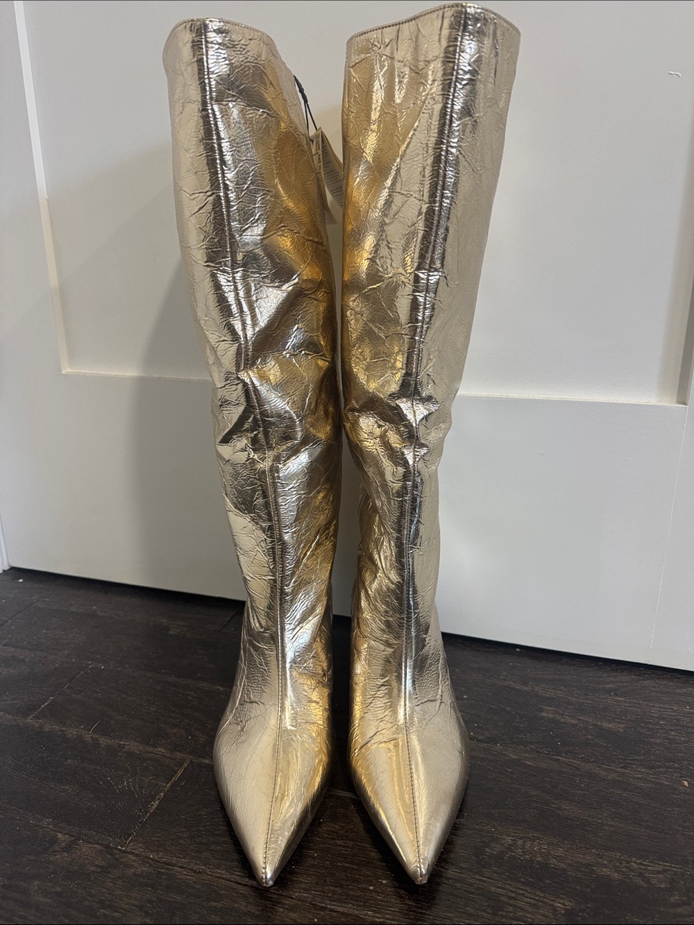 Zara Metallic Gold Knee High Pointed-Toe Boots